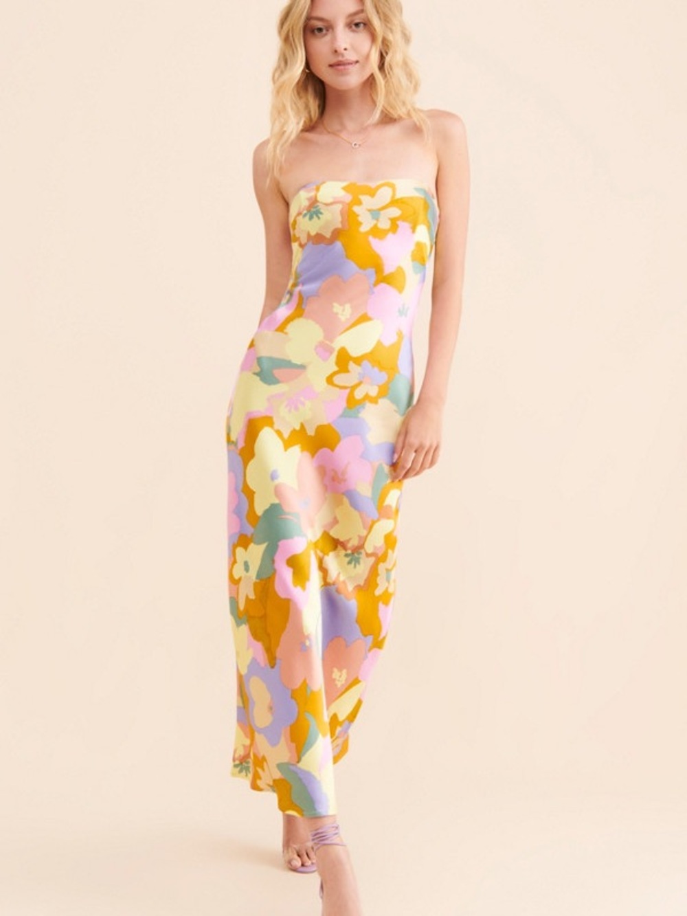 ASTR the Label Strapless Floral Slip Dress in Yellow, Pink & Lavender